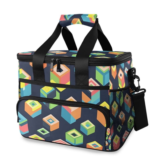 FORMRS Insulated Cooler Bag 24 Cans Capacity Soft Leakproof Lunch Box with Side Pockets, Green Cubes