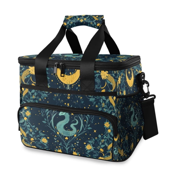FORMRS Insulated Cooler Bag 24 Cans Capacity Soft Leakproof Lunch Box with Side Pockets, Green Dragon Flowers