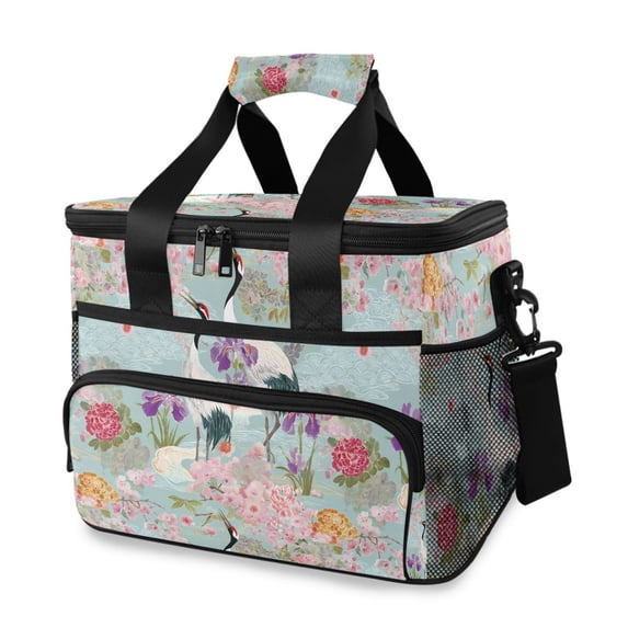 FORMRS Insulated Cooler Bag 24 Cans Capacity Soft Leakproof Lunch Box with Side Pockets, Green Floral Cranes Pattern