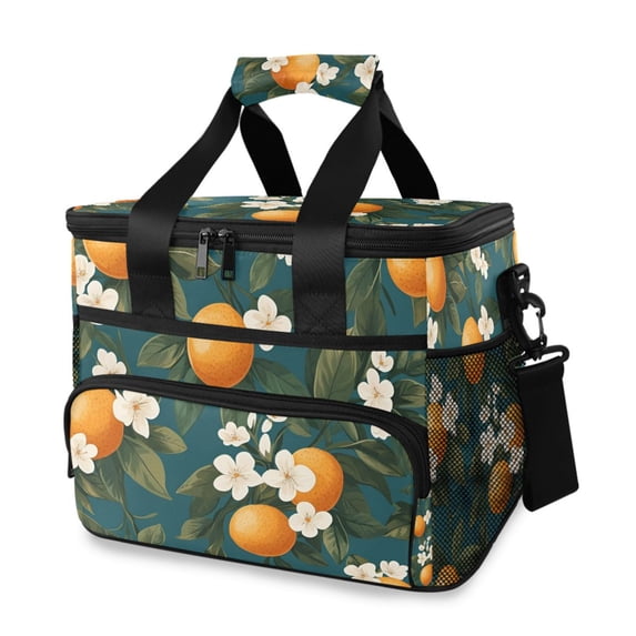 FORMRS Insulated Cooler Bag 24 Cans Capacity Soft Leakproof Lunch Box with Side Pockets, Green Floral Orange
