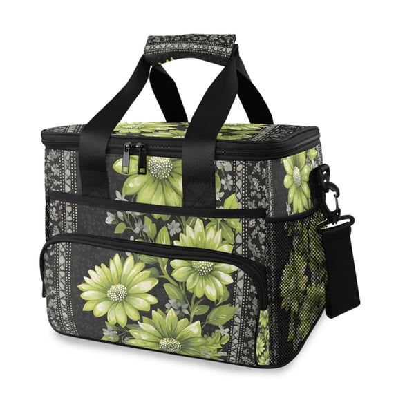 FORMRS Insulated Cooler Bag 24 Cans Capacity Soft Leakproof Lunch Box with Side Pockets, Green Flowers