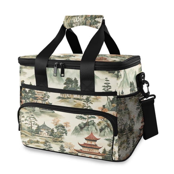 FORMRS Insulated Cooler Bag 24 Cans Capacity Soft Leakproof Lunch Box with Side Pockets, Green Mountain Pattern