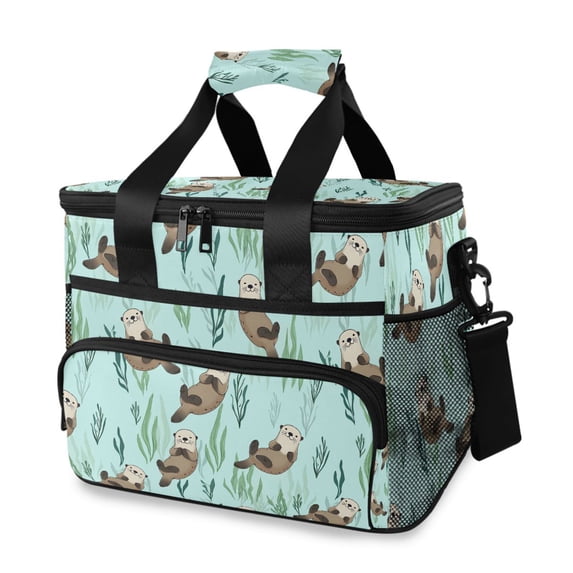 FORMRS Insulated Cooler Bag 24 Cans Capacity Soft Leakproof Lunch Box with Side Pockets, Green Otters Pattern