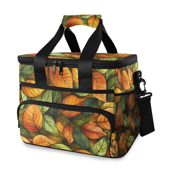 FORMRS Insulated Cooler Bag 24 Cans Capacity Soft Leakproof Lunch Box with Side Pockets, Green Retro Leaves