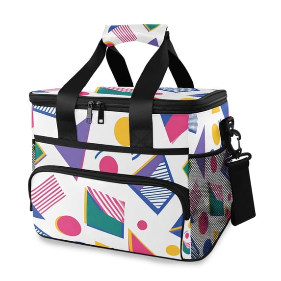 FORMRS Insulated Cooler Bag 24 Cans Capacity Soft Leakproof Lunch Box with Side Pockets, Green Retro Shapes