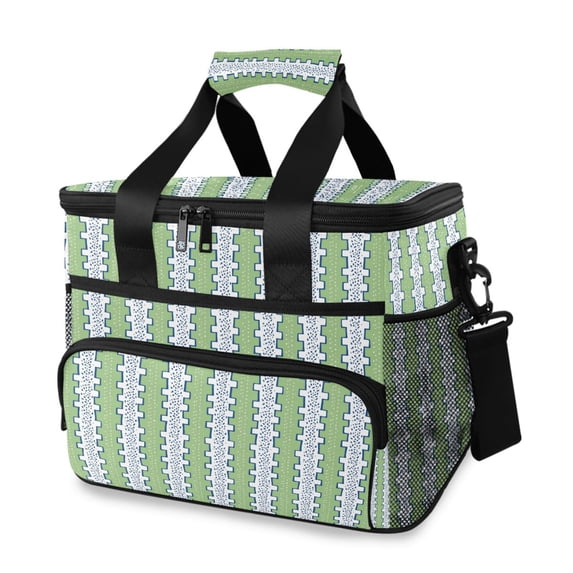 FORMRS Insulated Cooler Bag 24 Cans Capacity Soft Leakproof Lunch Box with Side Pockets, Green Stripe Pattern