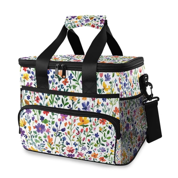 FORMRS Insulated Cooler Bag 24 Cans Capacity Soft Leakproof Lunch Box with Side Pockets, Green Wildflower Pattern