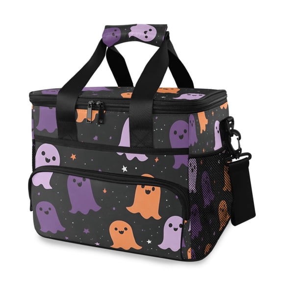 FORMRS Insulated Cooler Bag 24 Cans Capacity Soft Leakproof Lunch Box with Side Pockets, Halloween Orange Ghosts