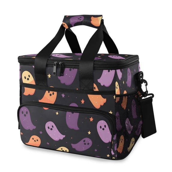 FORMRS Insulated Cooler Bag 24 Cans Capacity Soft Leakproof Lunch Box with Side Pockets, Halloween Purple Ghosts