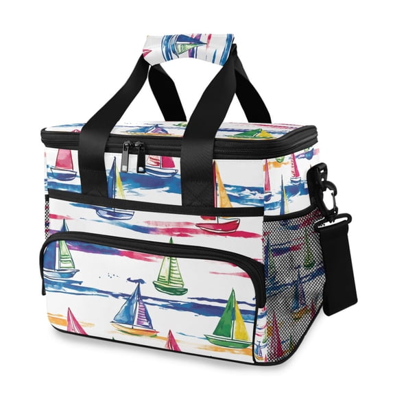 FORMRS Insulated Cooler Bag 24 Cans Capacity Soft Leakproof Lunch Box with Side Pockets, Hand Drawn Sailboats