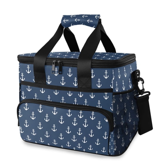 FORMRS Insulated Cooler Bag 24 Cans Capacity Soft Leakproof Lunch Box with Side Pockets, Navy Blue Anchors Pattern