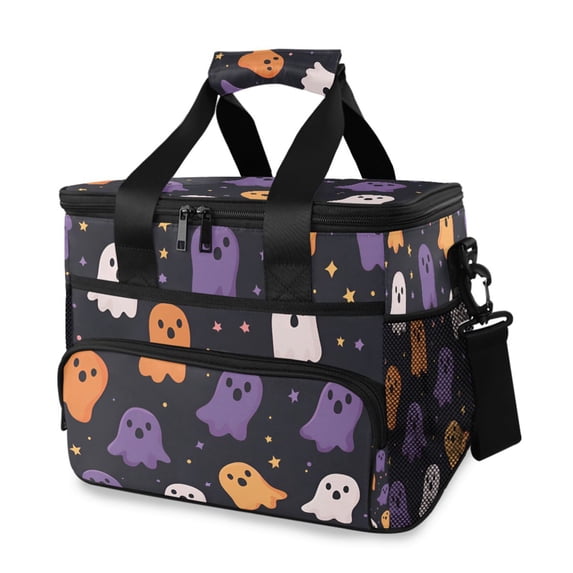 FORMRS Insulated Cooler Bag 24 Cans Capacity Soft Leakproof Lunch Box with Side Pockets, Orange Halloween Ghosts
