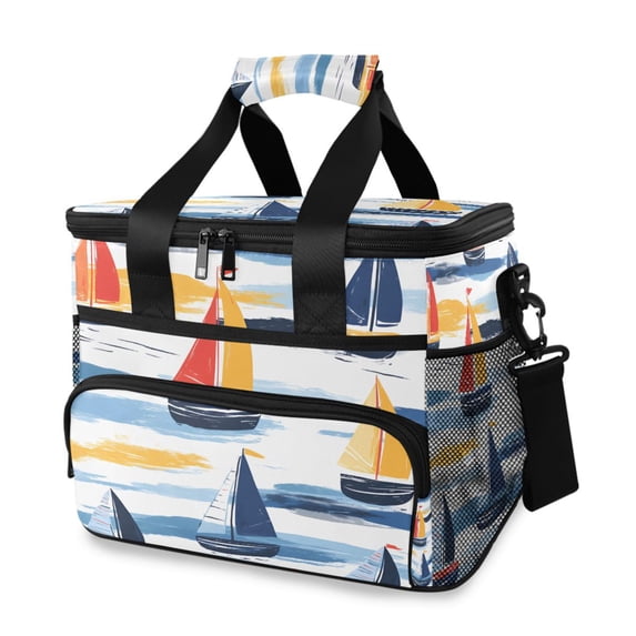 FORMRS Insulated Cooler Bag 24 Cans Capacity Soft Leakproof Lunch Box with Side Pockets, Orange Hand Drawn Sailboats