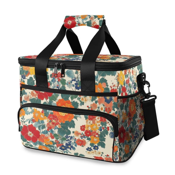 FORMRS Insulated Cooler Bag 24 Cans Capacity Soft Leakproof Lunch Box with Side Pockets, Orange Japanese Flowers Pattern