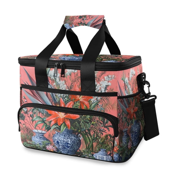 FORMRS Insulated Cooler Bag 24 Cans Capacity Soft Leakproof Lunch Box with Side Pockets, Orange Vibrant Flowers