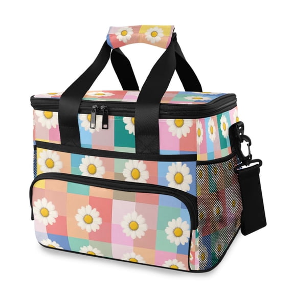 FORMRS Insulated Cooler Bag 24 Cans Capacity Soft Leakproof Lunch Box with Side Pockets, Pink Checkered Daisy