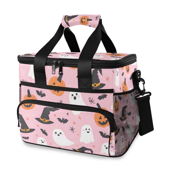 FORMRS Insulated Cooler Bag 24 Cans Capacity Soft Leakproof Lunch Box with Side Pockets, Pink Halloween Ghosts