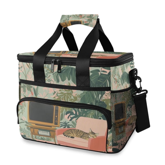FORMRS Insulated Cooler Bag 24 Cans Capacity Soft Leakproof Lunch Box with Side Pockets, Pink and Green Cat