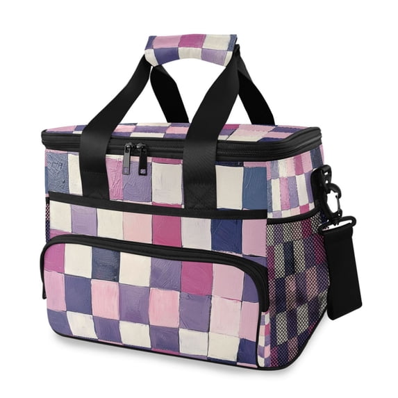 FORMRS Insulated Cooler Bag 24 Cans Capacity Soft Leakproof Lunch Box with Side Pockets, Pink and Purple Plaid Pattern