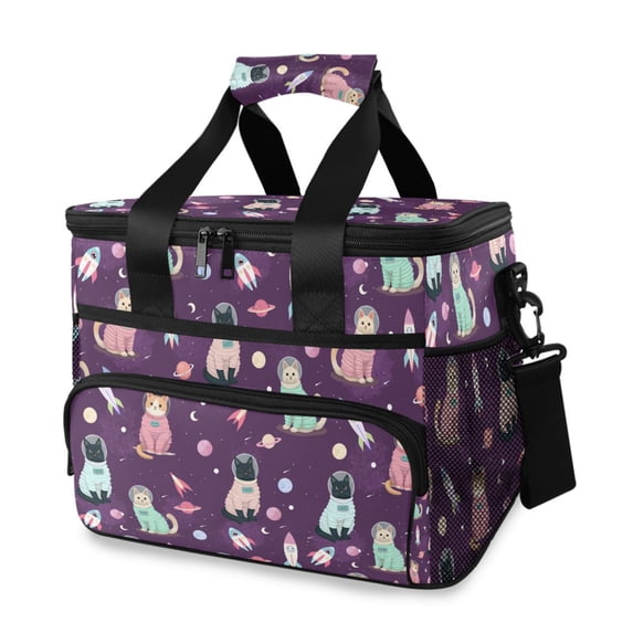 FORMRS Insulated Cooler Bag 24 Cans Capacity Soft Leakproof Lunch Box with Side Pockets, Purple Space Cat Pattern