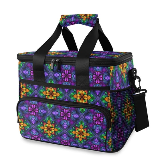 FORMRS Insulated Cooler Bag 24 Cans Capacity Soft Leakproof Lunch Box with Side Pockets, Purple Stained Glass Pattern
