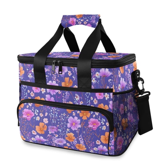 FORMRS Insulated Cooler Bag 24 Cans Capacity Soft Leakproof Lunch Box with Side Pockets, Purple Wildflowers Pattern