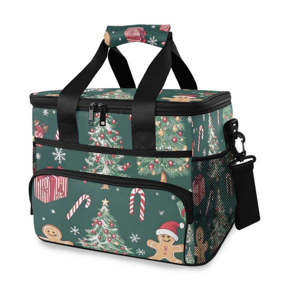 FORMRS Insulated Cooler Bag 24 Cans Capacity Soft Leakproof Lunch Box with Side Pockets, Red Christmas Gingerbread