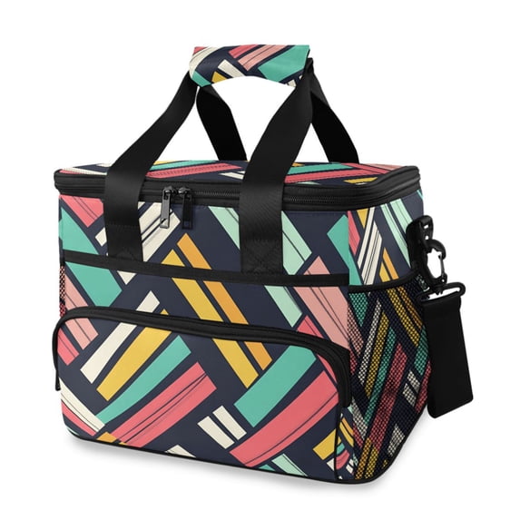 FORMRS Insulated Cooler Bag 24 Cans Capacity Soft Leakproof Lunch Box with Side Pockets, Red Geometric
