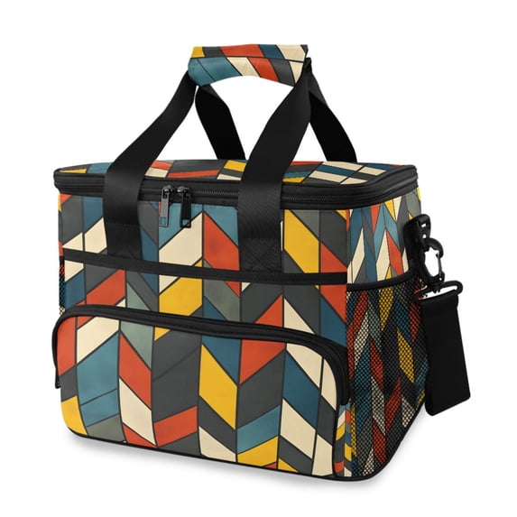 FORMRS Insulated Cooler Bag 24 Cans Capacity Soft Leakproof Lunch Box with Side Pockets, Red Geometric