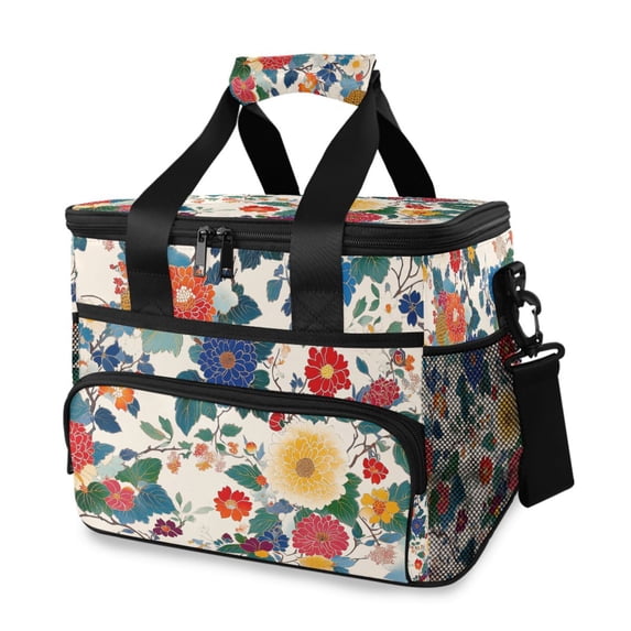 FORMRS Insulated Cooler Bag 24 Cans Capacity Soft Leakproof Lunch Box with Side Pockets, Red Japanese Floral Pattern