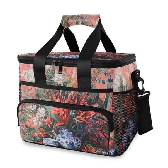 FORMRS Insulated Cooler Bag 24 Cans Capacity Soft Leakproof Lunch Box with Side Pockets, Red Vibrant Flowers