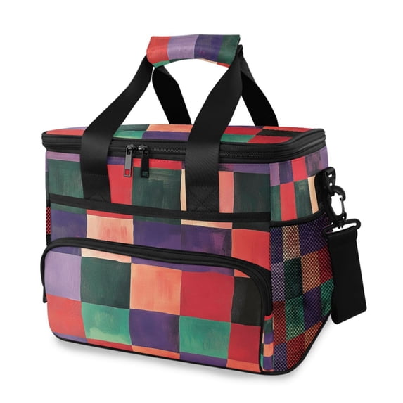FORMRS Insulated Cooler Bag 24 Cans Capacity Soft Leakproof Lunch Box with Side Pockets, Red and Purple Plaid Pattern
