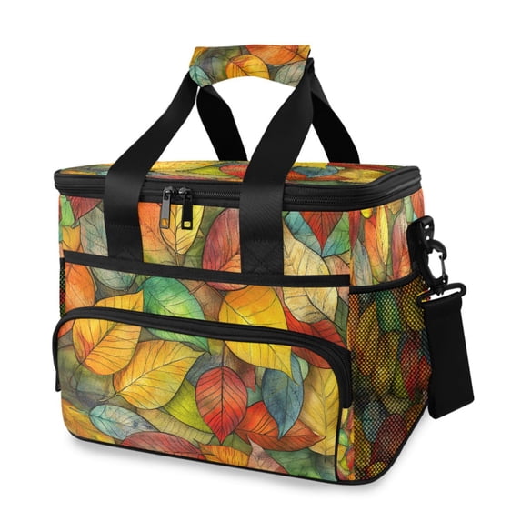 FORMRS Insulated Cooler Bag 24 Cans Capacity Soft Leakproof Lunch Box with Side Pockets, Retro Autumn Leaves