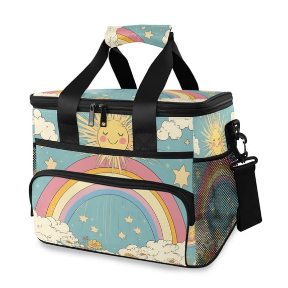 FORMRS Insulated Cooler Bag 24 Cans Capacity Soft Leakproof Lunch Box with Side Pockets, Retro Beige Rainbow