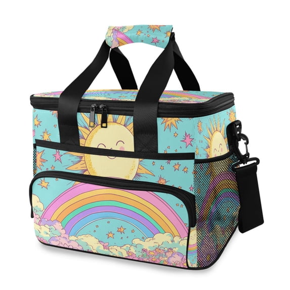 FORMRS Insulated Cooler Bag 24 Cans Capacity Soft Leakproof Lunch Box with Side Pockets, Retro Blue Rainbow