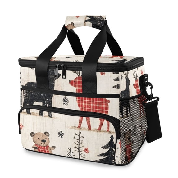 FORMRS Insulated Cooler Bag 24 Cans Capacity Soft Leakproof Lunch Box with Side Pockets, Retro Christmas Forest