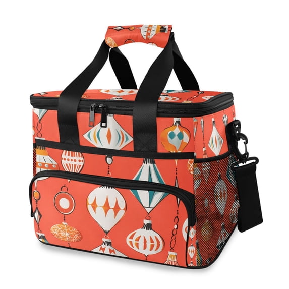 FORMRS Insulated Cooler Bag 24 Cans Capacity Soft Leakproof Lunch Box with Side Pockets, Retro Christmas Ornaments Pattern
