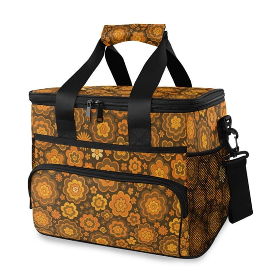 FORMRS Insulated Cooler Bag 24 Cans Capacity Soft Leakproof Lunch Box with Side Pockets, Retro Orange Flowers