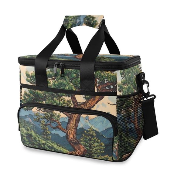 FORMRS Insulated Cooler Bag 24 Cans Capacity Soft Leakproof Lunch Box with Side Pockets, Retro Pine Tree