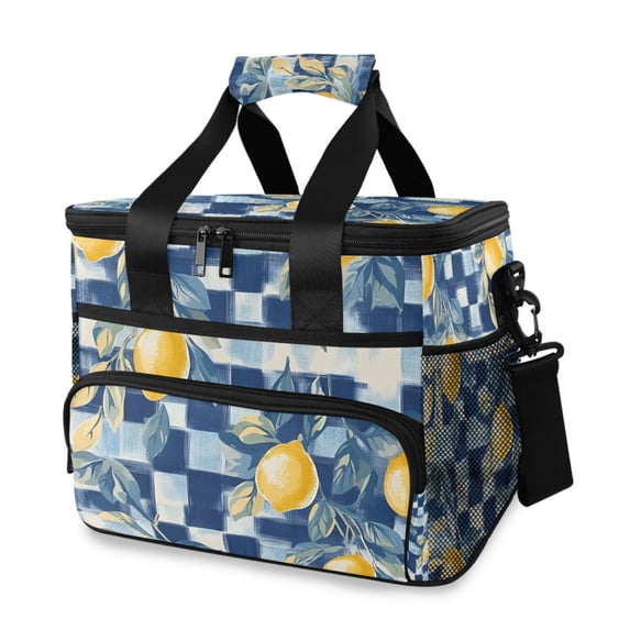 FORMRS Insulated Cooler Bag 24 Cans Capacity Soft Leakproof Lunch Box with Side Pockets, Retro Plaid Lemon