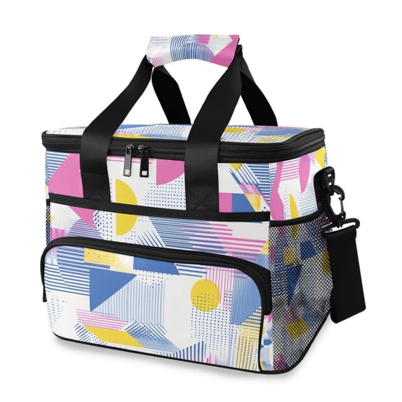 FORMRS Insulated Cooler Bag 24 Cans Capacity Soft Leakproof Lunch Box with Side Pockets, Retro Simple Shapes