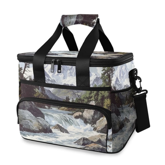 FORMRS Insulated Cooler Bag 24 Cans Capacity Soft Leakproof Lunch Box with Side Pockets, River and Mountains
