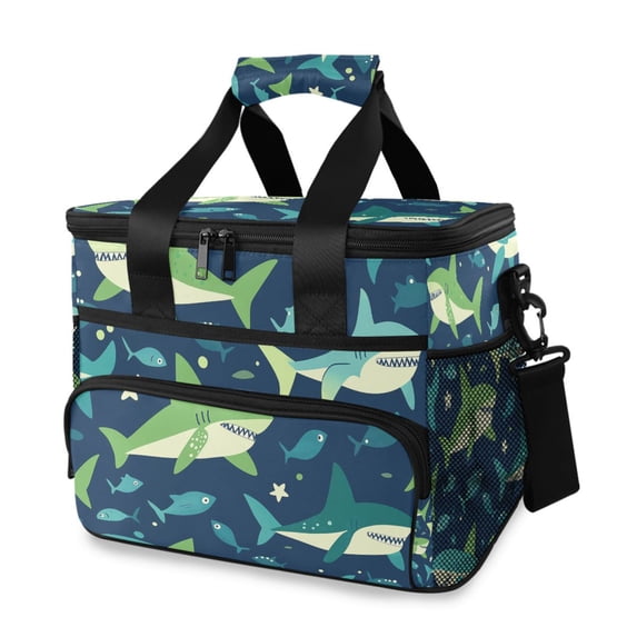 FORMRS Insulated Cooler Bag 24 Cans Capacity Soft Leakproof Lunch Box with Side Pockets, Sharks Pattern