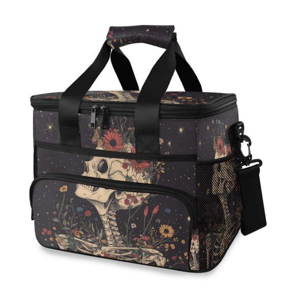 FORMRS Insulated Cooler Bag 24 Cans Capacity Soft Leakproof Lunch Box with Side Pockets, Skeleton with Flowers Pattern
