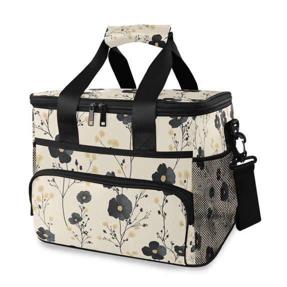 FORMRS Insulated Cooler Bag 24 Cans Capacity Soft Leakproof Lunch Box with Side Pockets, Small Black Flowers