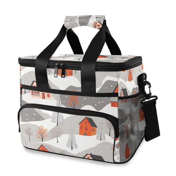 FORMRS Insulated Cooler Bag 24 Cans Capacity Soft Leakproof Lunch Box with Side Pockets, Snow Cartoon Houses