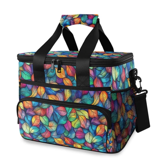 FORMRS Insulated Cooler Bag 24 Cans Capacity Soft Leakproof Lunch Box with Side Pockets, Vibrant Art Leaves Pattern