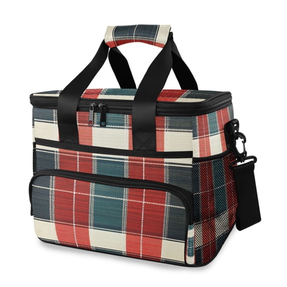 FORMRS Insulated Cooler Bag 24 Cans Capacity Soft Leakproof Lunch Box with Side Pockets, Vibrant Red Tartan Pattern