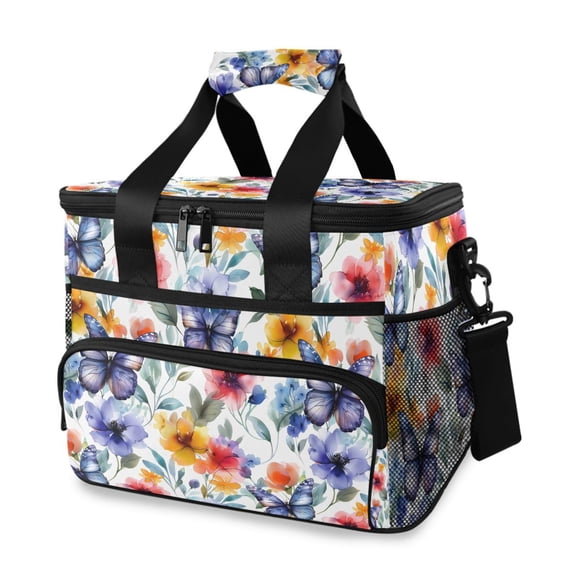FORMRS Insulated Cooler Bag 24 Cans Capacity Soft Leakproof Lunch Box with Side Pockets, Watercolor Flowers Pattern