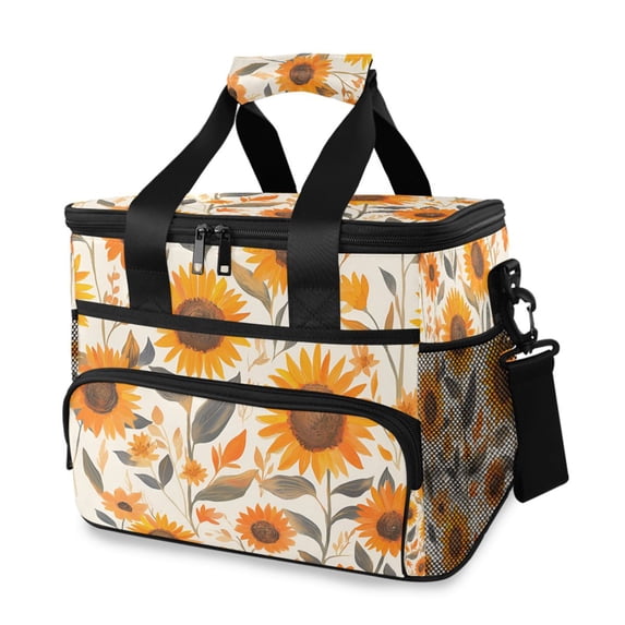 FORMRS Insulated Cooler Bag 24 Cans Capacity Soft Leakproof Lunch Box with Side Pockets, Watercolor Sunflowers and Leaves